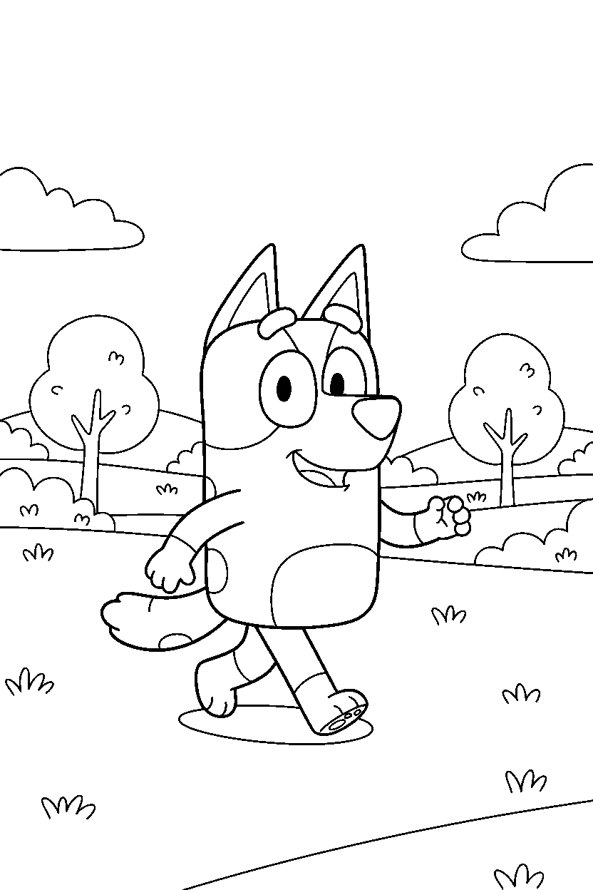 mackenzie from bluey tv series walking happily in a grassy park line art