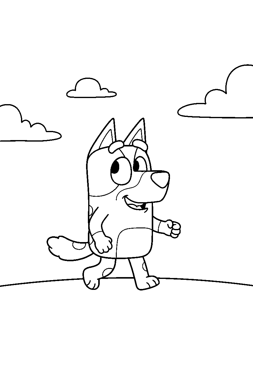 mackenzie from bluey tv series walking happily under a cloudy sky line art