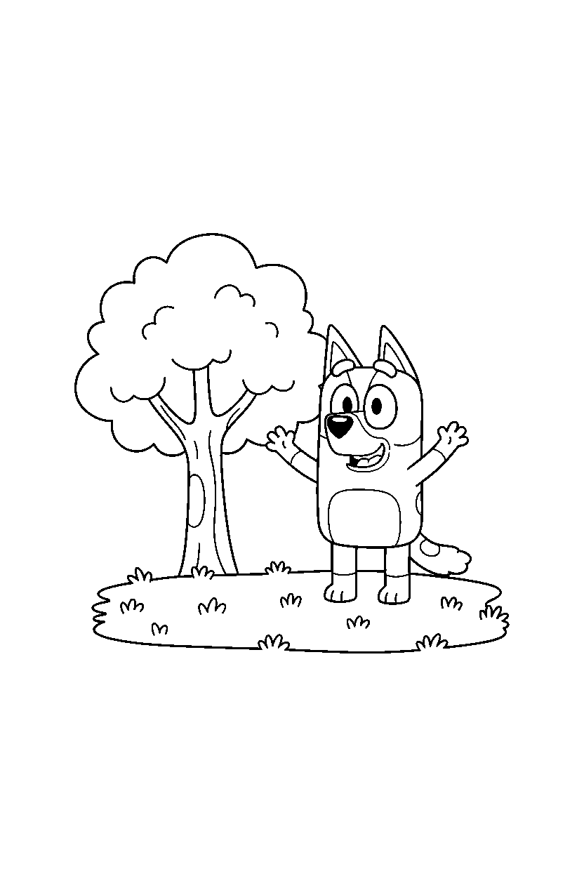 mackenzie from bluey tv series waving happily near a tree with open grass line art