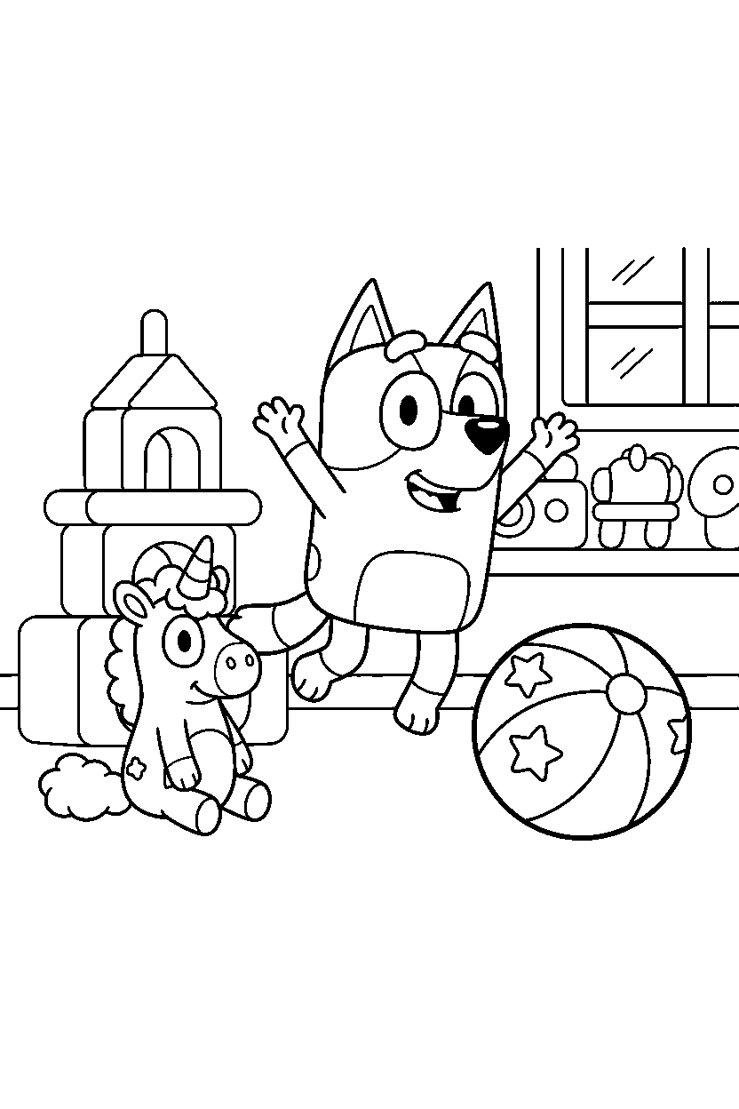 muffin heeler from bluey tv series celebrating happily in a toy room line art