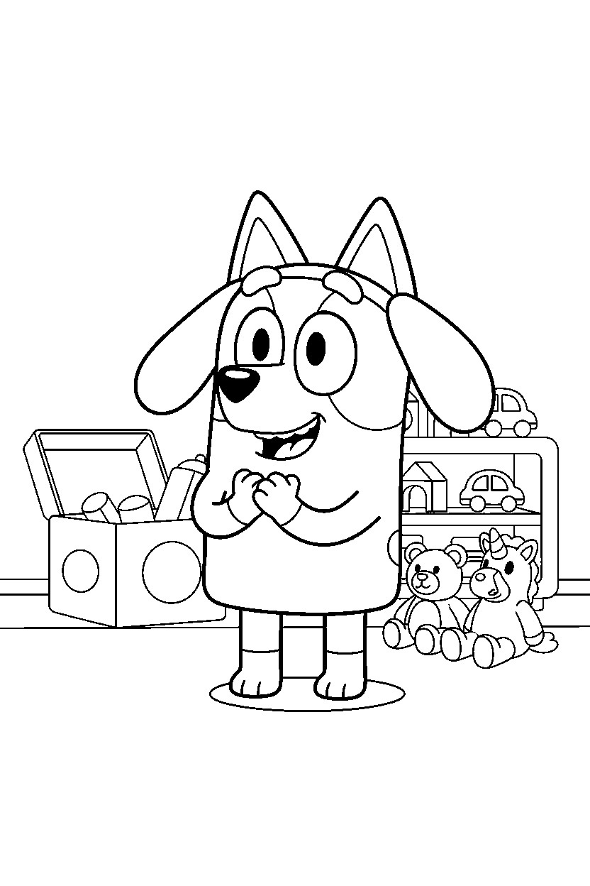 muffin heeler from bluey tv series clapping happily in a toy room line art