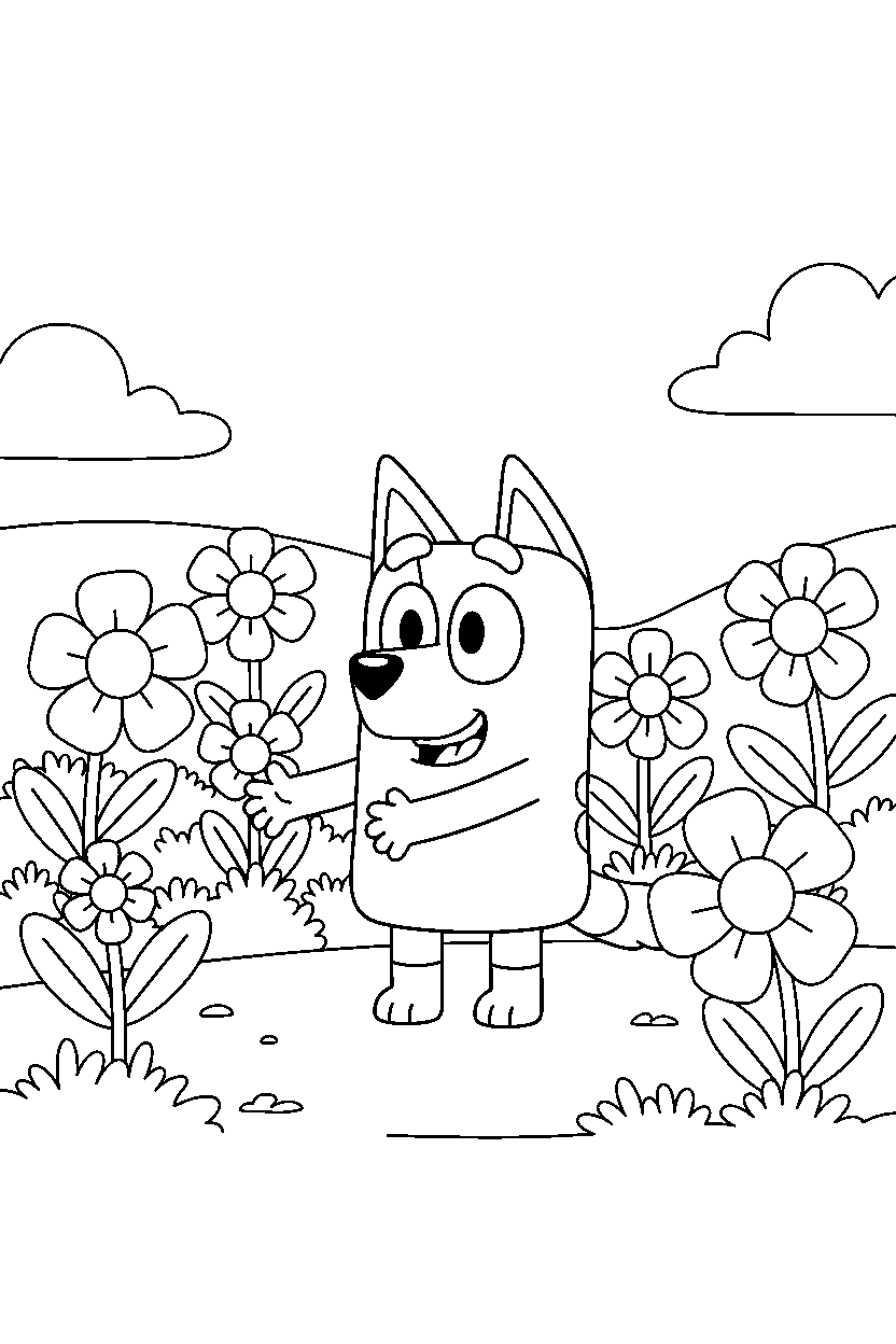 muffin heeler from bluey tv series looking excited in a flower garden line art