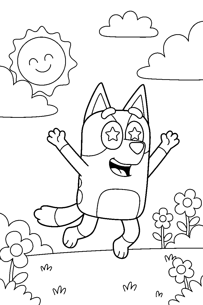 muffin heeler from bluey tv series looking excited in a sunny field line art