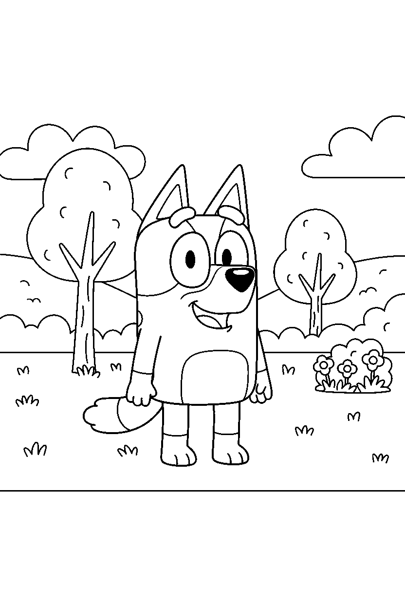 muffin heeler from bluey tv series looking happy in a grassy park line art