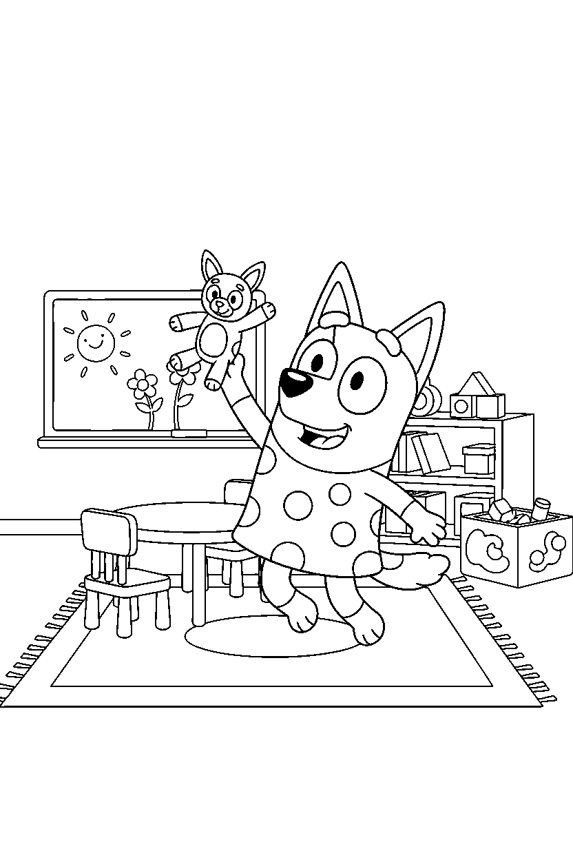 muffin heeler from bluey tv series playing happily in a simple classroom line art