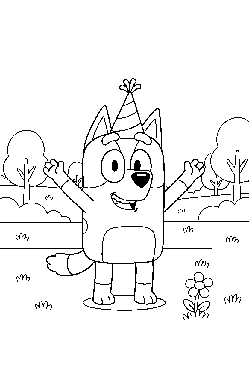 muffin heeler from bluey tv series posing happily in a grassy park line art