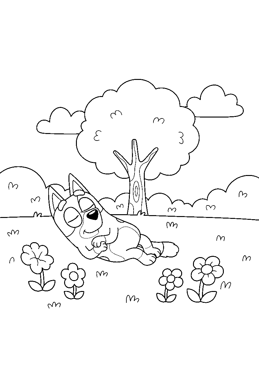 muffin heeler from bluey tv series resting peacefully in a grassy park line art