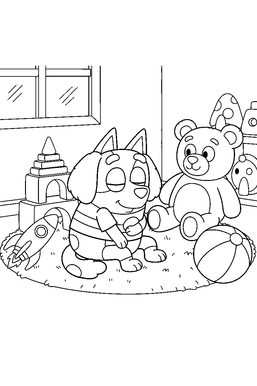 muffin heeler from bluey tv series resting peacefully in a toy room line art