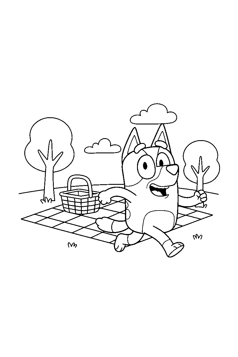 muffin heeler from bluey tv series running happily at a simple picnic area line art