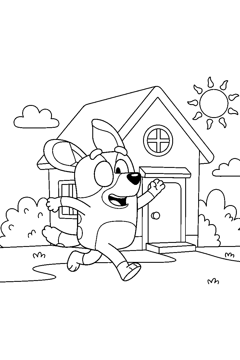 muffin heeler from bluey tv series running happily in front of a simple house line art