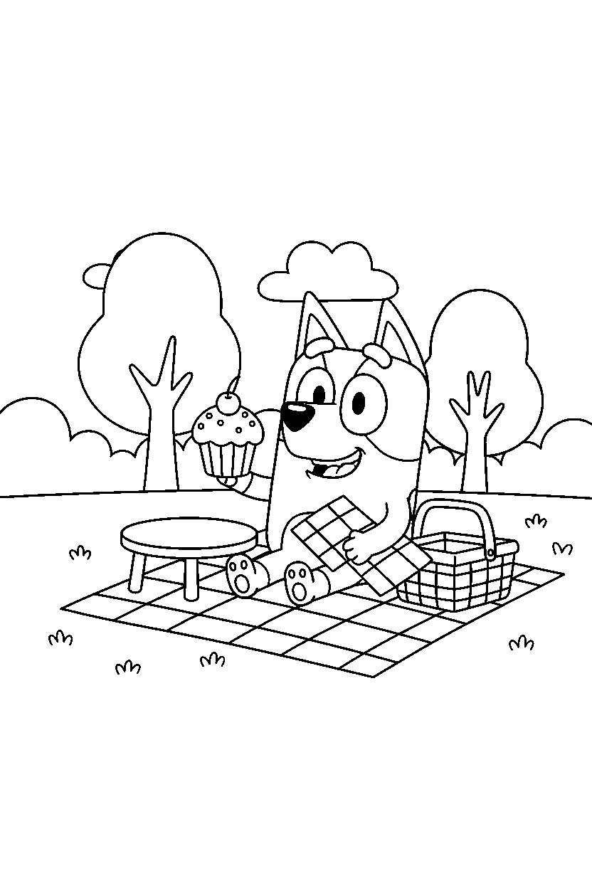 muffin heeler from bluey tv series sitting happily at a simple picnic area line art