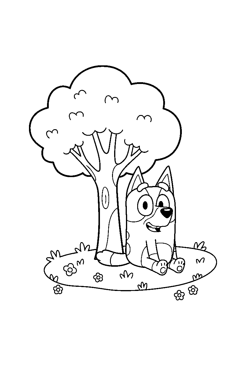 muffin heeler from bluey tv series sitting happily near a tree with open grass line art