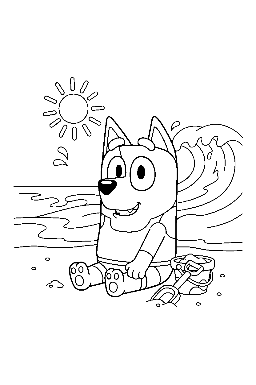 muffin heeler from bluey tv series sitting happily on a beach with simple waves line art