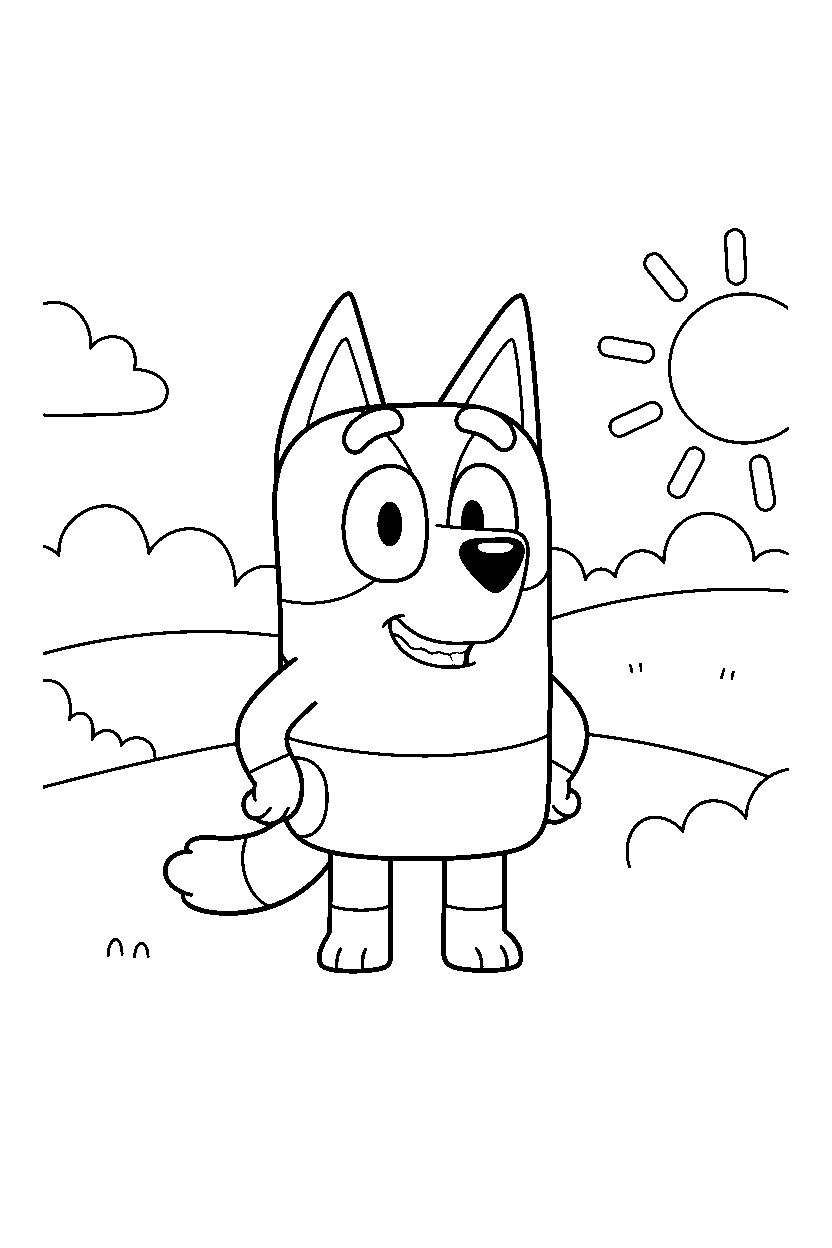 muffin heeler from bluey tv series standing and smiling in rolling hills line art