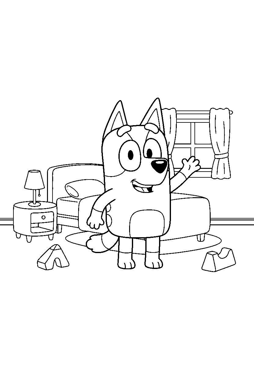 muffin heeler from bluey tv series waving happily in a simple bedroom line art
