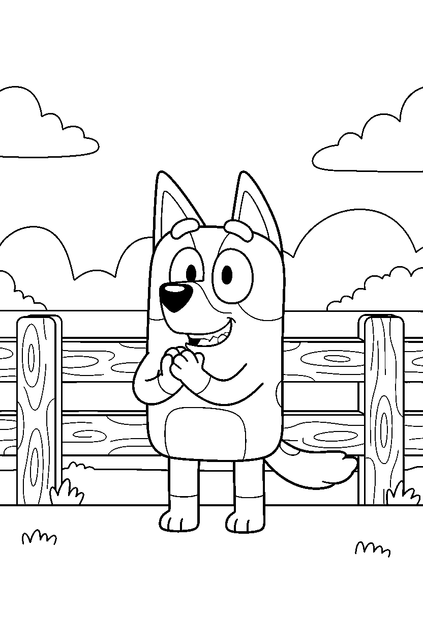 rusty from bluey tv series clapping happily in front of a wooden fence line art
