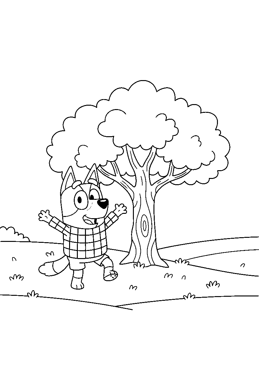 rusty from bluey tv series dancing happily near a tree with open grass line art
