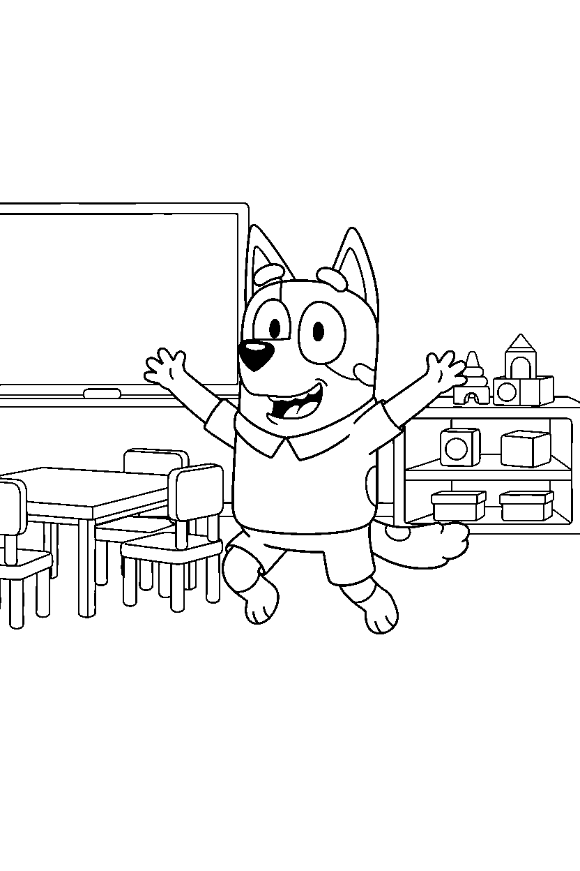 rusty from bluey tv series jumping happily in a simple classroom line art
