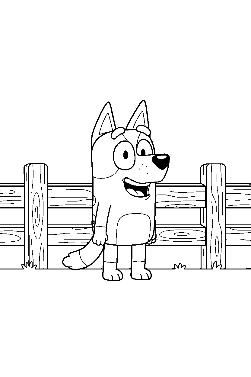 rusty from bluey tv series laughing happily in front of a wooden fence line art