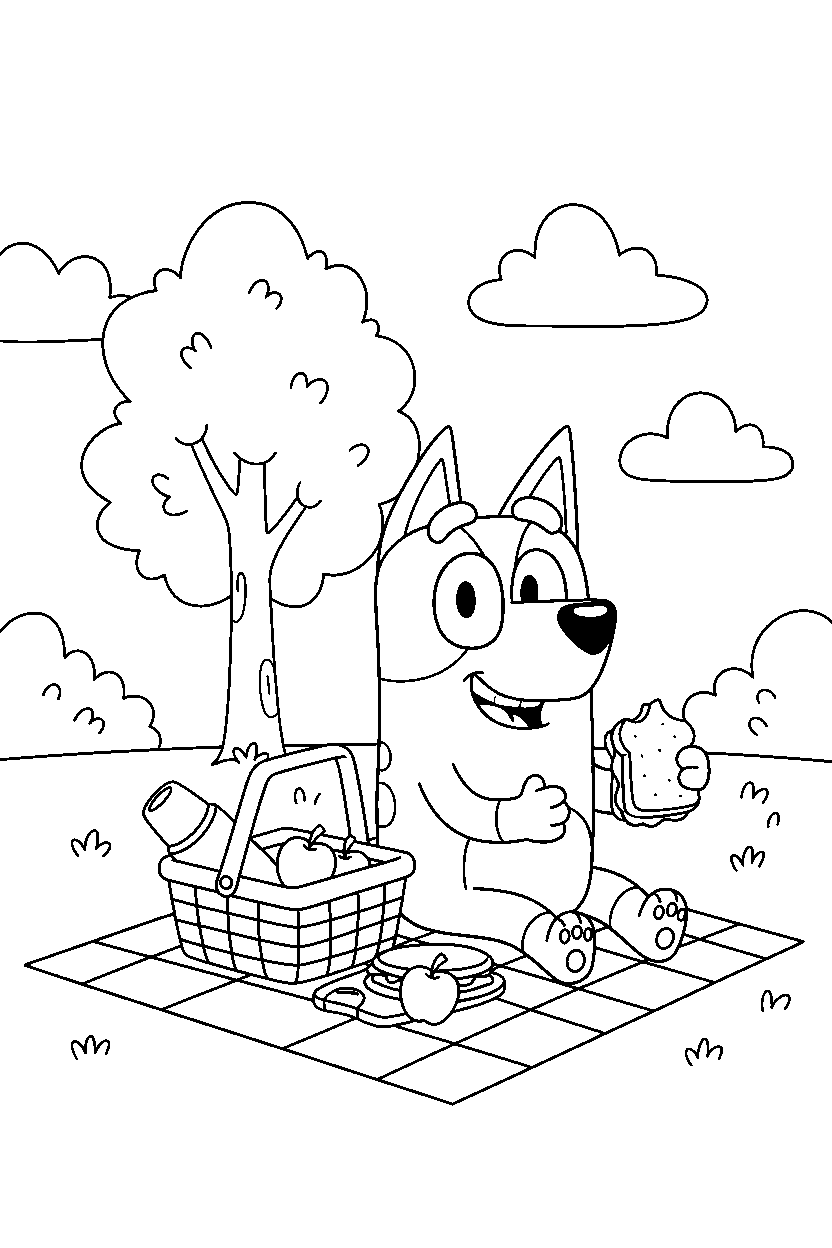 rusty from bluey tv series looking happy at a simple picnic area line art
