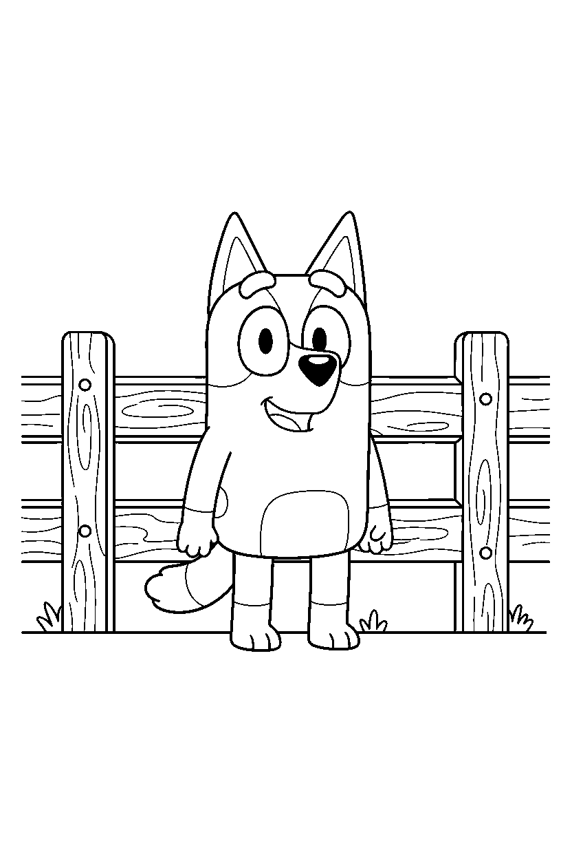 rusty from bluey tv series looking happy in front of a wooden fence line art