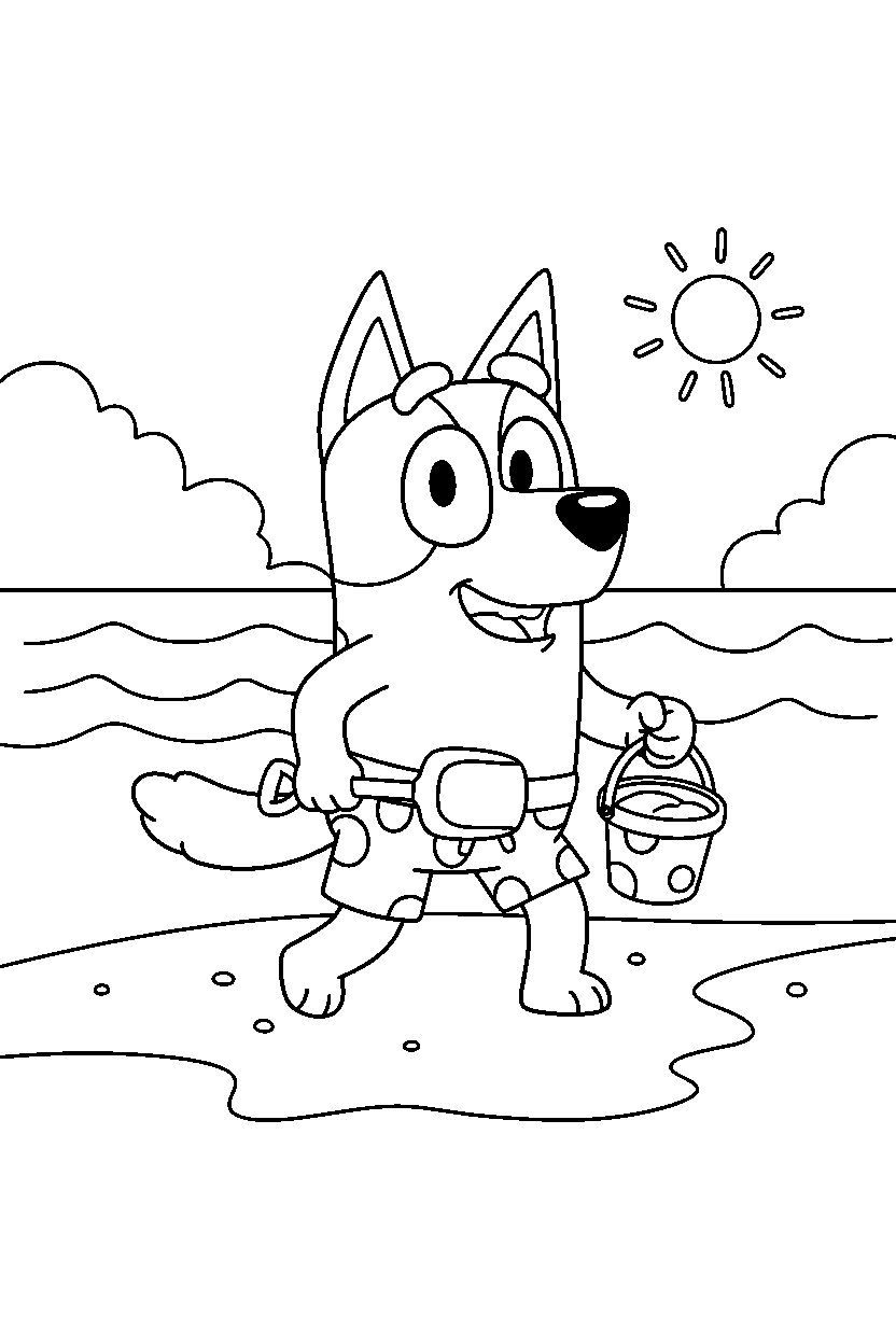 rusty from bluey tv series looking happy on a beach with simple waves line art