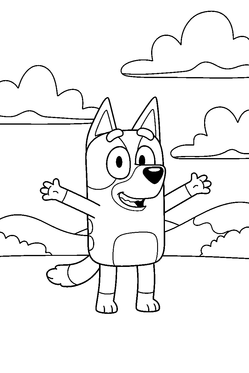 rusty from bluey tv series posing happily under a cloudy sky line art