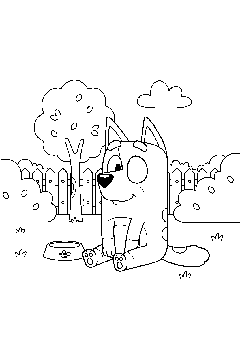 rusty from bluey tv series sitting calmly in a simple backyard line art
