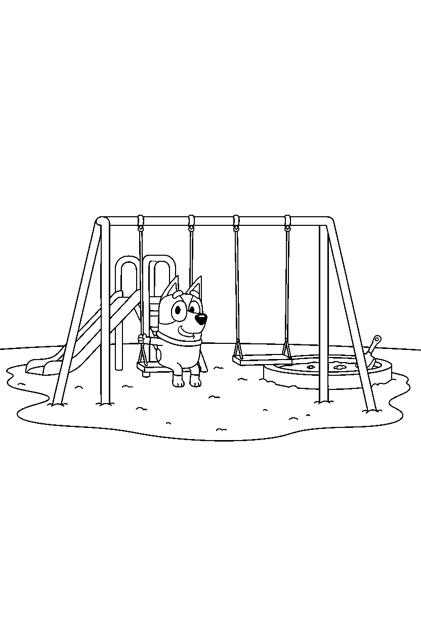 rusty from bluey tv series sitting happily at a simple playground line art