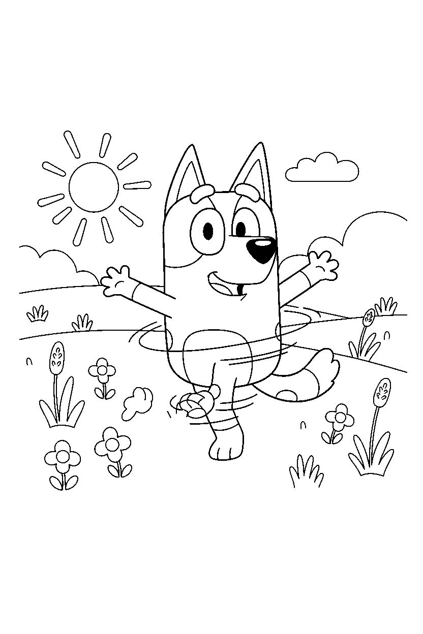 rusty from bluey tv series spinning happily in a sunny field line art