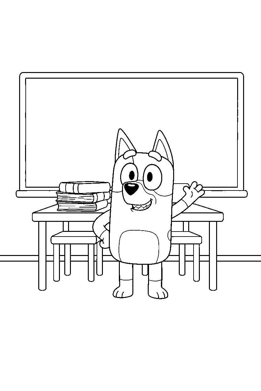 rusty from bluey tv series standing and smiling in a simple classroom line art