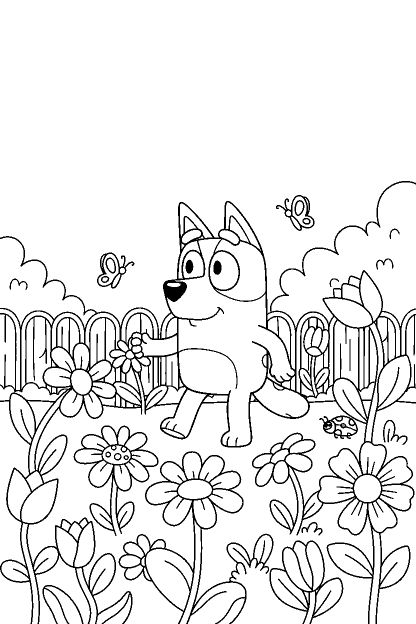 rusty from bluey tv series walking gently in a flower garden line art