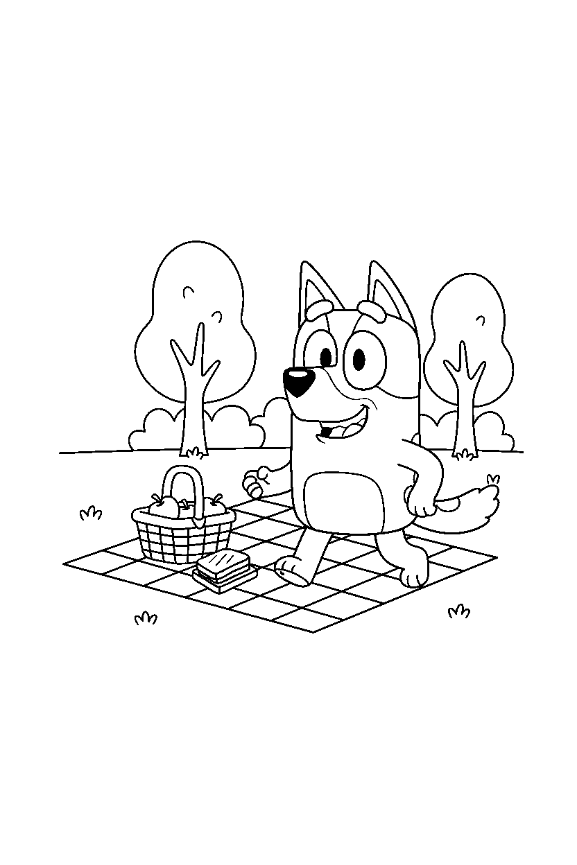 rusty from bluey tv series walking happily at a simple picnic area line art