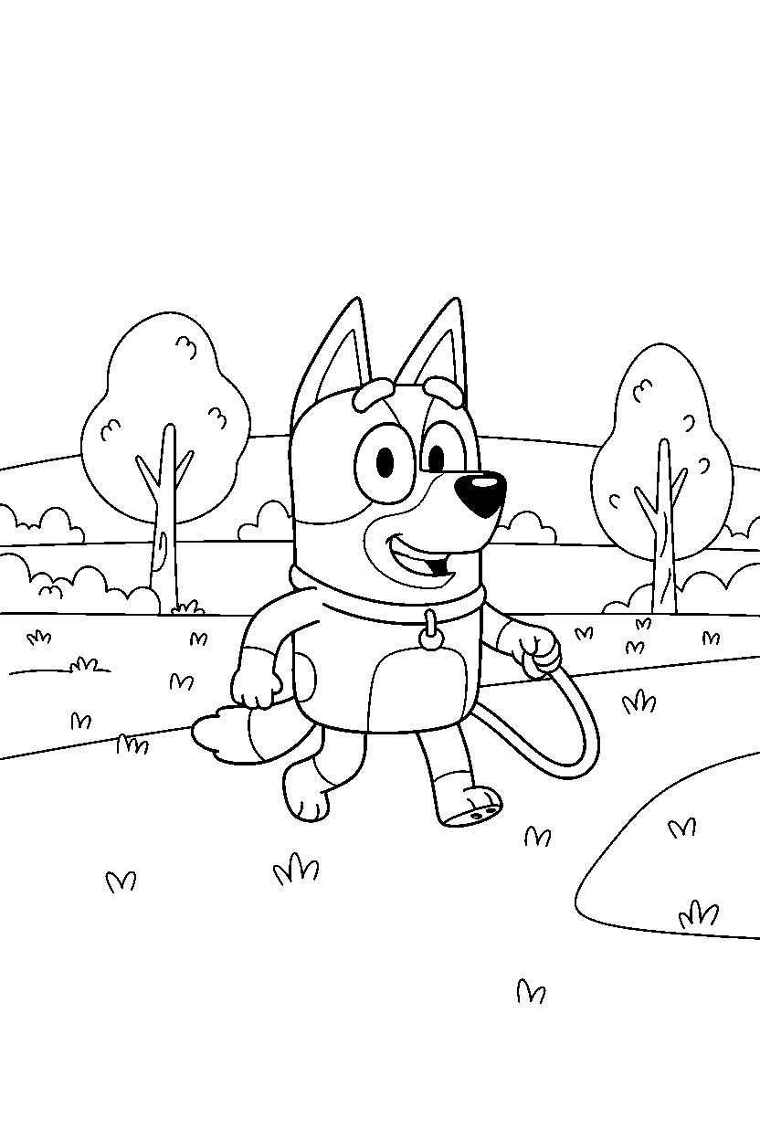 rusty from bluey tv series walking happily in a grassy park line art
