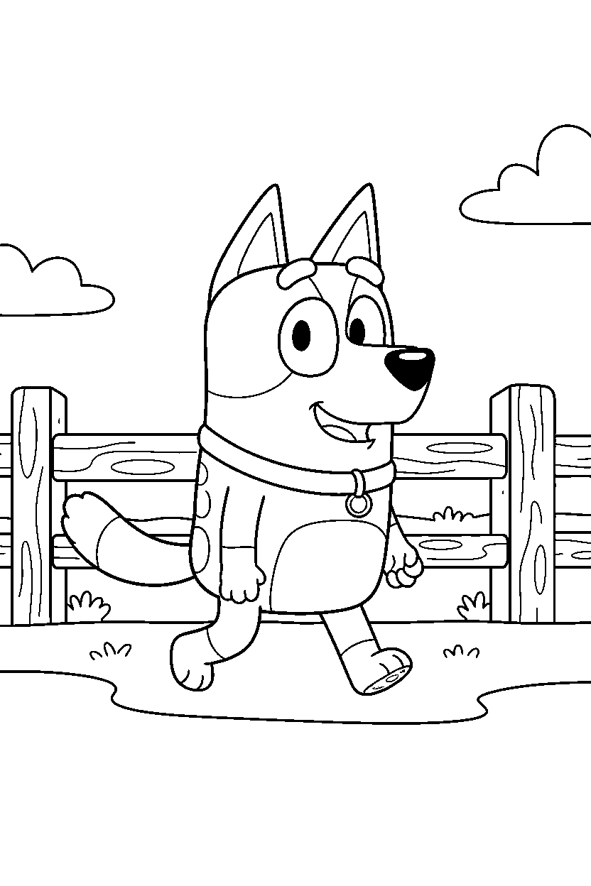 rusty from bluey tv series walking happily in front of a wooden fence line art