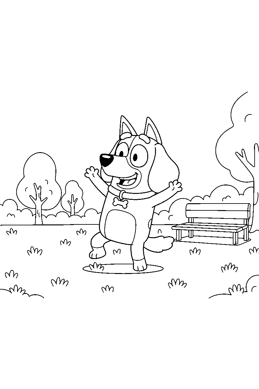 snickers from bluey tv series dancing happily in a grassy park line art