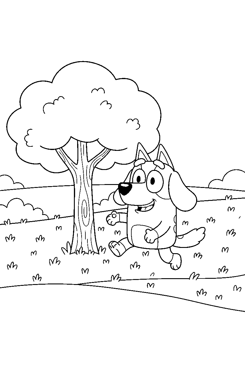 snickers from bluey tv series exploring happily near a tree with open grass line art