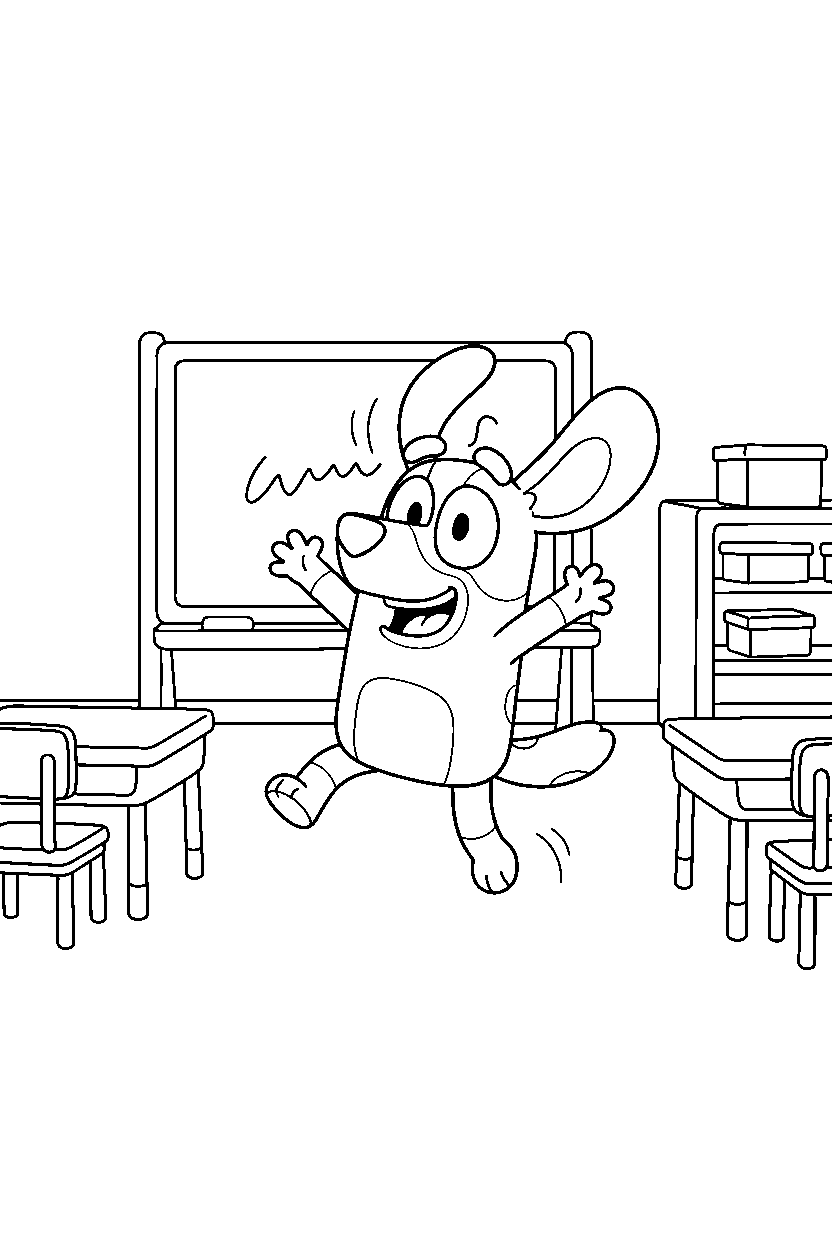 snickers from bluey tv series jumping happily in a simple classroom line art