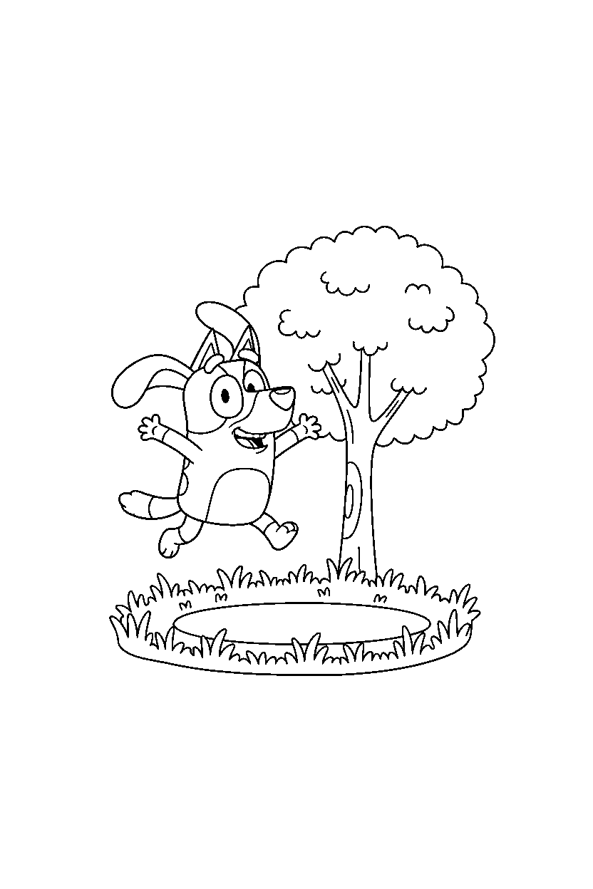 snickers from bluey tv series jumping happily near a tree with open grass line art