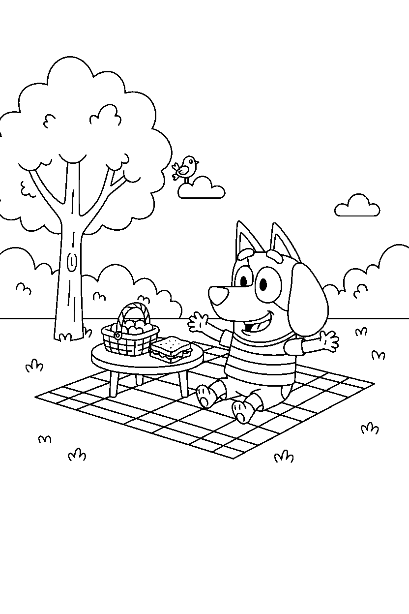 snickers from bluey tv series playing happily at a simple picnic area line art