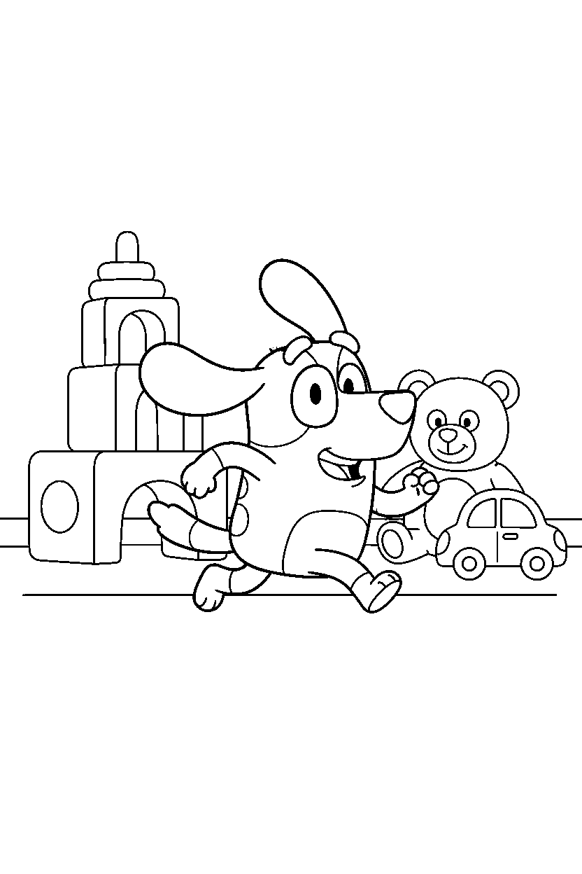 snickers from bluey tv series running happily in a toy room line art