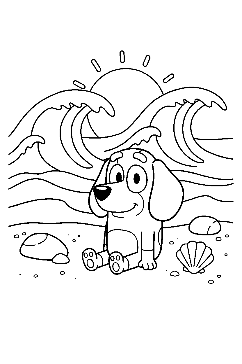 snickers from bluey tv series sitting calmly on a beach with simple waves line art