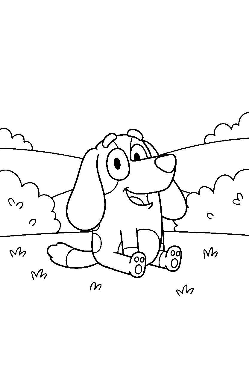 snickers from bluey tv series sitting happily in a grassy park line art