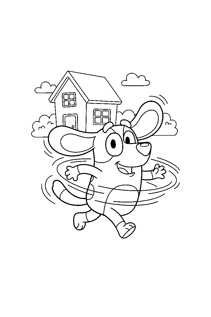 snickers from bluey tv series spinning happily in front of a simple house line art