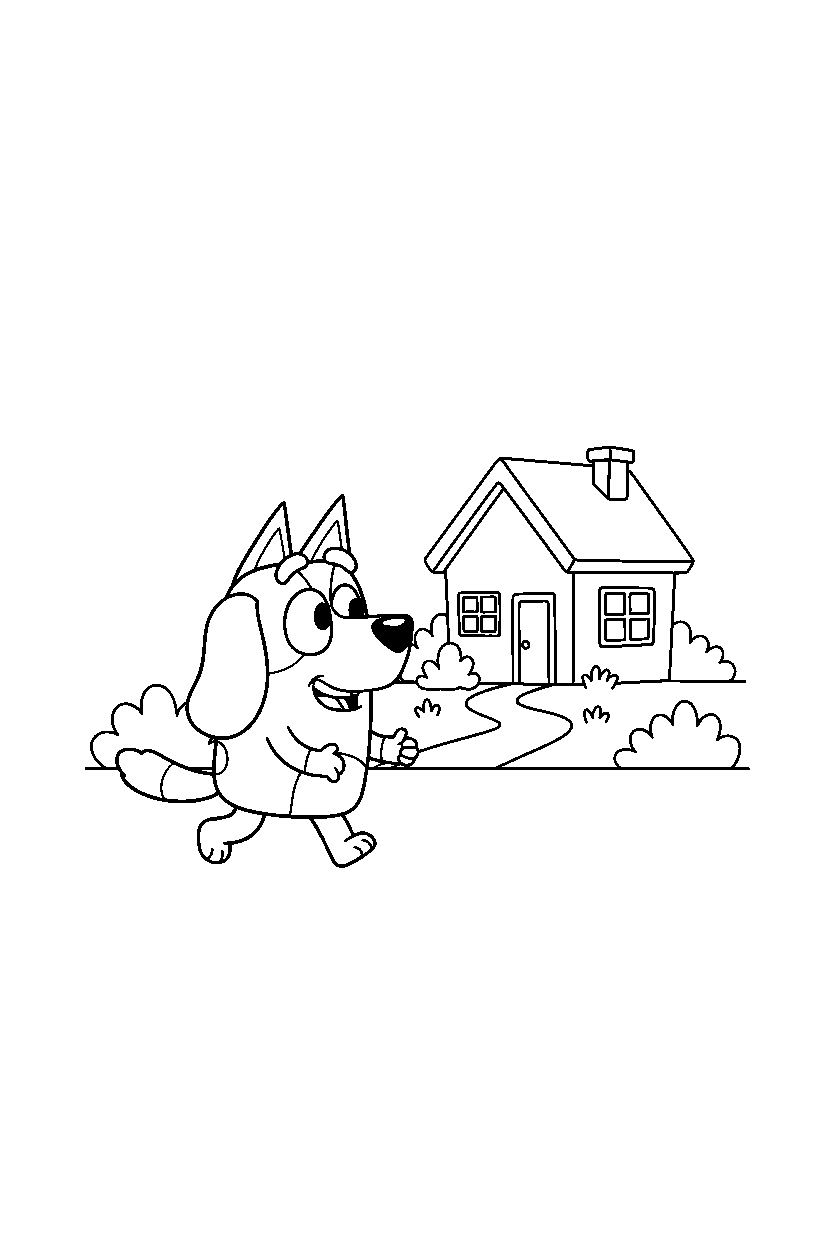 snickers from bluey tv series walking happily in front of a simple house line art