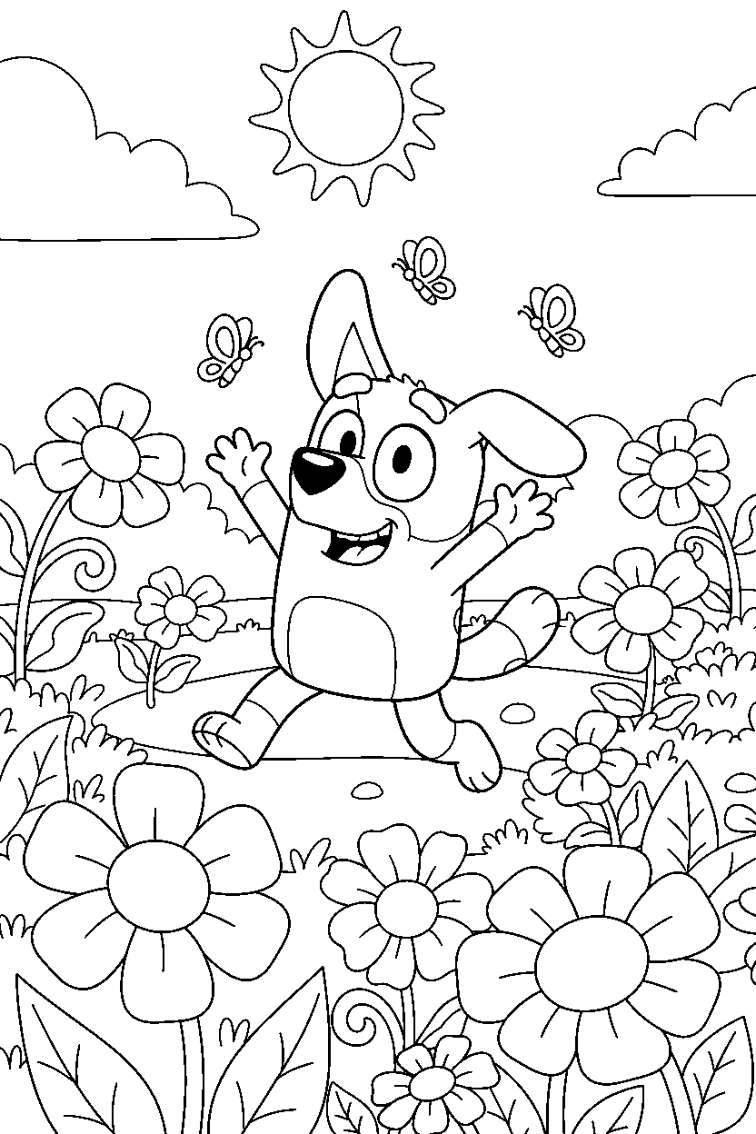 socks heeler from bluey tv series celebrating happily in a flower garden line art