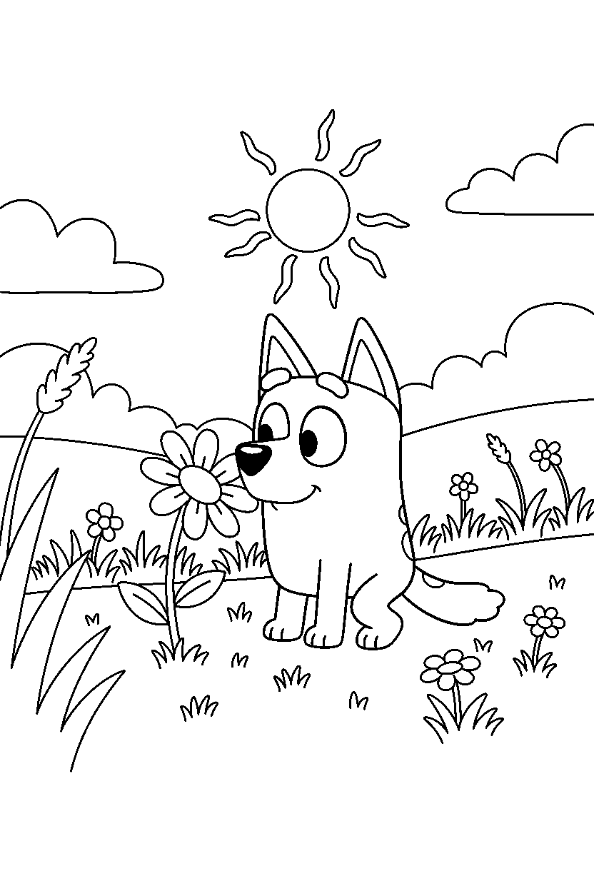 socks heeler from bluey tv series exploring happily in a sunny field line art