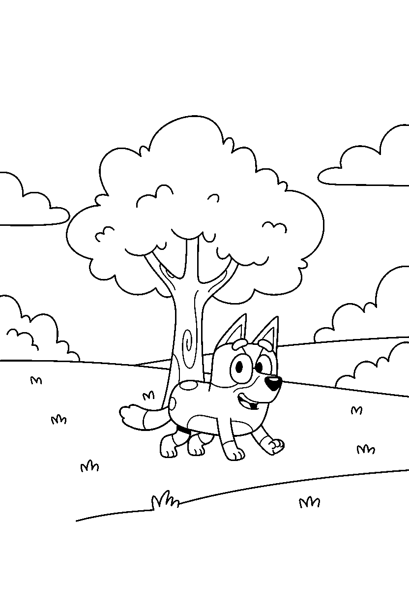 socks heeler from bluey tv series exploring happily near a tree with open grass line art