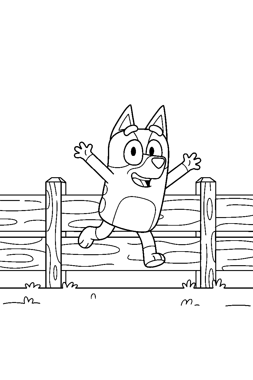 socks heeler from bluey tv series jumping happily in front of a wooden fence line art