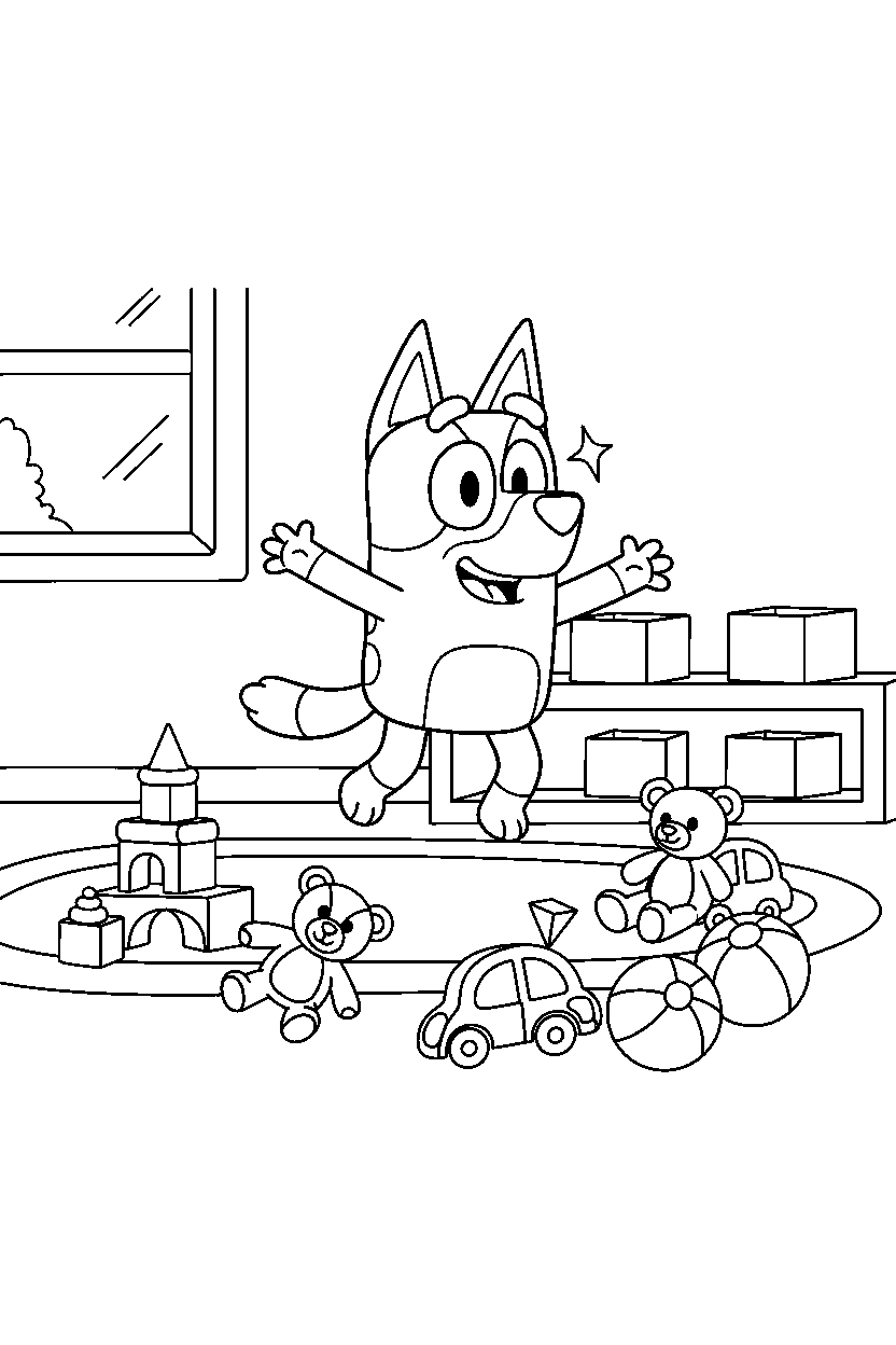socks heeler from bluey tv series looking excited in a toy room line art